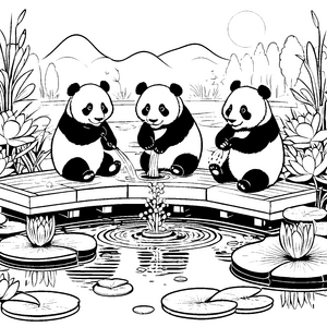 Pandabärenbabys am Teich malen Ausmalbild für Kinder