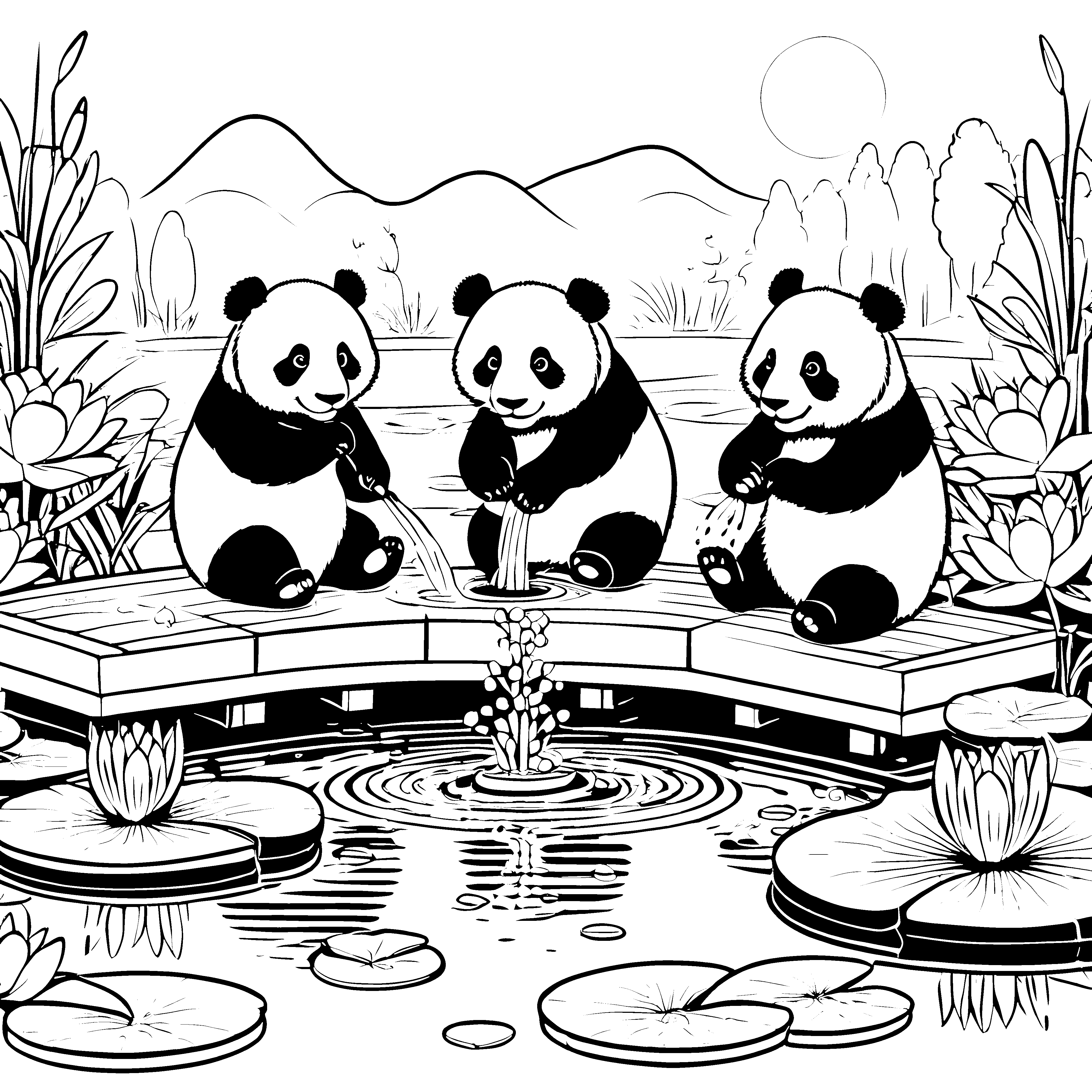Pandabärenbabys am Teich malen Ausmalbild für Kinder