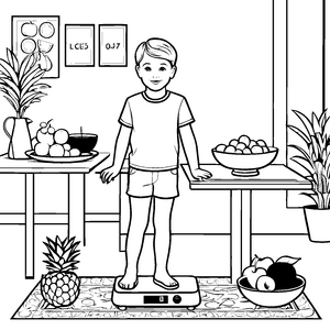 Junge mit frischem Obst auf der Personenwaage Ausmalbild für kleine Gesundheitsexperten
