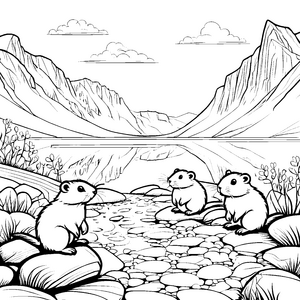 Lustige Lemminge Babys am plätschernden Wasser Ausmalmotiv für kleine Naturforscher