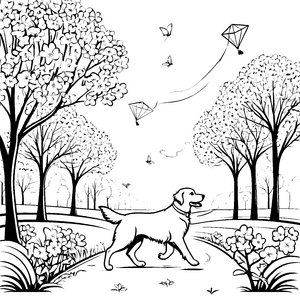 Fröhlicher Golden Retriever beim Spielen im Blütenpark Ausmalvorlage für neugierige kleine Abenteurer