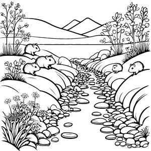 Lemminge auf der grünen Wiese vor hügeligen Bergen zum Ausmalen