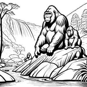 Dschungelabenteuer: Die Gorillas vor dem Wasserfall ausmalen