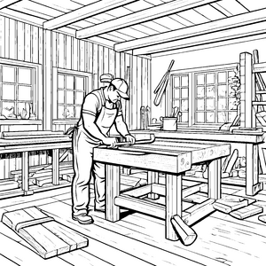 Der kleine Radmacher in seiner Werkstatt beim Holzbearbeiten