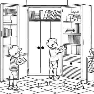 Kinder malen große Mehrzweckschränke mit Büchern und Regalen