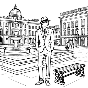 Eleganter Herrenhut vor prächtigem Brunnen Ausmalbild für stilvolle Entdecker
