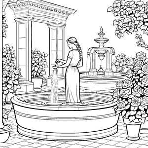 Märchenhafte Flechtfrisuren am Brunnen mit Blumenpracht zum Ausmalen