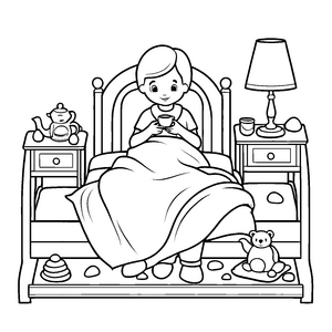 Kuscheliges Schlafzimmer: Ausmalbild mit Nachttischen und Teddybär