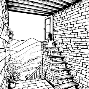 Traumhaftes Landhaus mit weitem Bergblick Ausmalmotiv für abenteuerlustige Künstler