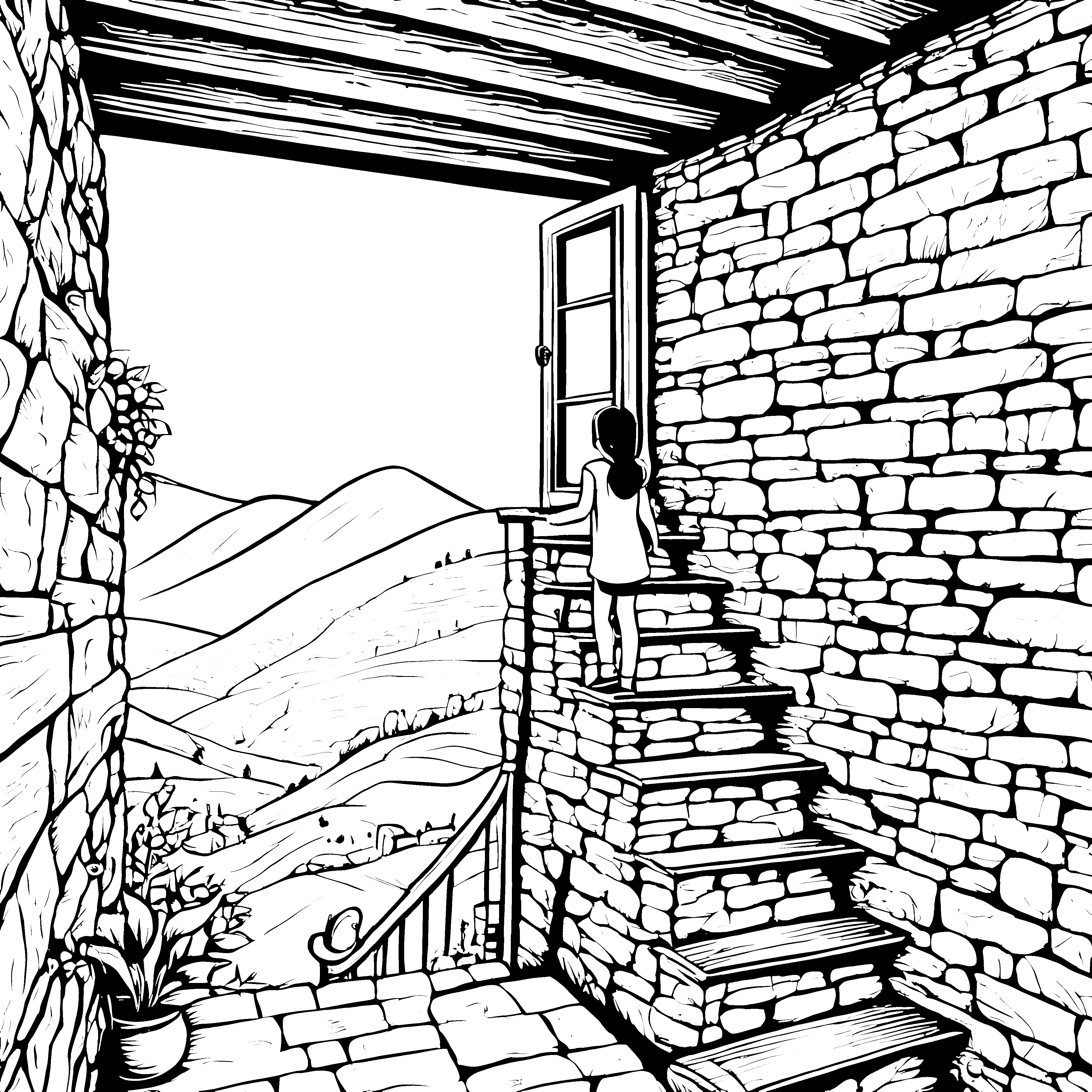 Traumhaftes Landhaus mit weitem Bergblick Ausmalmotiv für abenteuerlustige Künstler