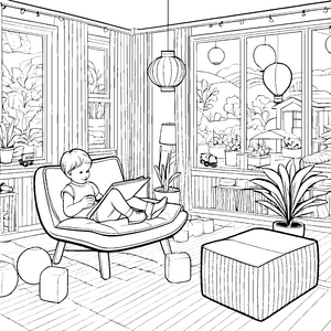 Gemütlicher Relaxsessel im sonnigen Wohnzimmer Ausmalbild für kreative Entdecker