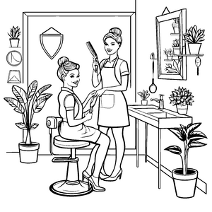 Kreatives Hairstyling mit fröhlichem Team Ausmalvorlage für aufstrebende Friseure