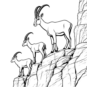 Steinbock-Babys auf Felsen im Alpenpanorama zum Ausmalen