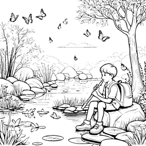 Flöte spielen am Teich: Ein Ausmalspaß mit Schmetterlingen und Naturzauber