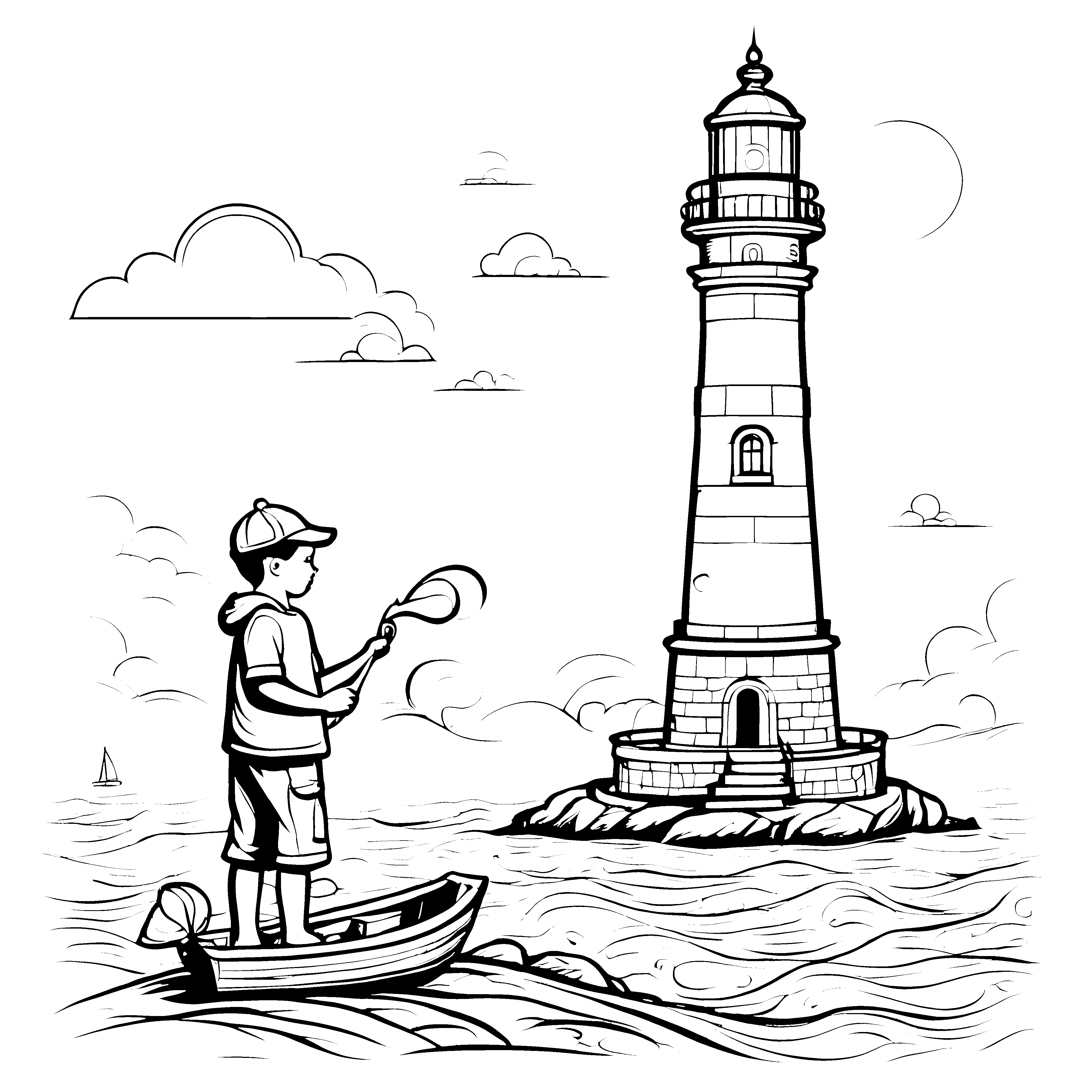 Der große Leuchtturm am Felsen mit dem kleinen Boot