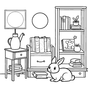 Hase mit Bücherregal und Nachttisch zum Ausmalen