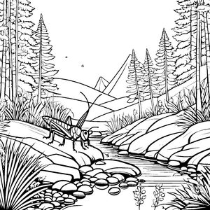 Grillen am Bachufer: Waldlandschaft zum Ausmalen für Kinder