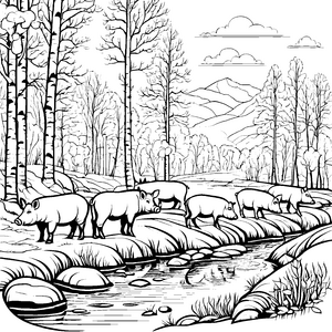 Wildschweine am Bachufer im Wald malen Spaß