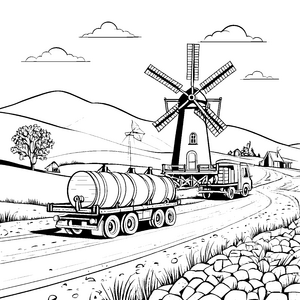 Tanklastwagen auf der Landstraße bei Windmühlen malen