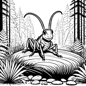 Lebhafte Grillen im Wald auf einem Stein Ausmalvorlage für kleine Naturfreunde
