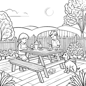 Kinder genießen Eiscreme im Garten mit dem Hund