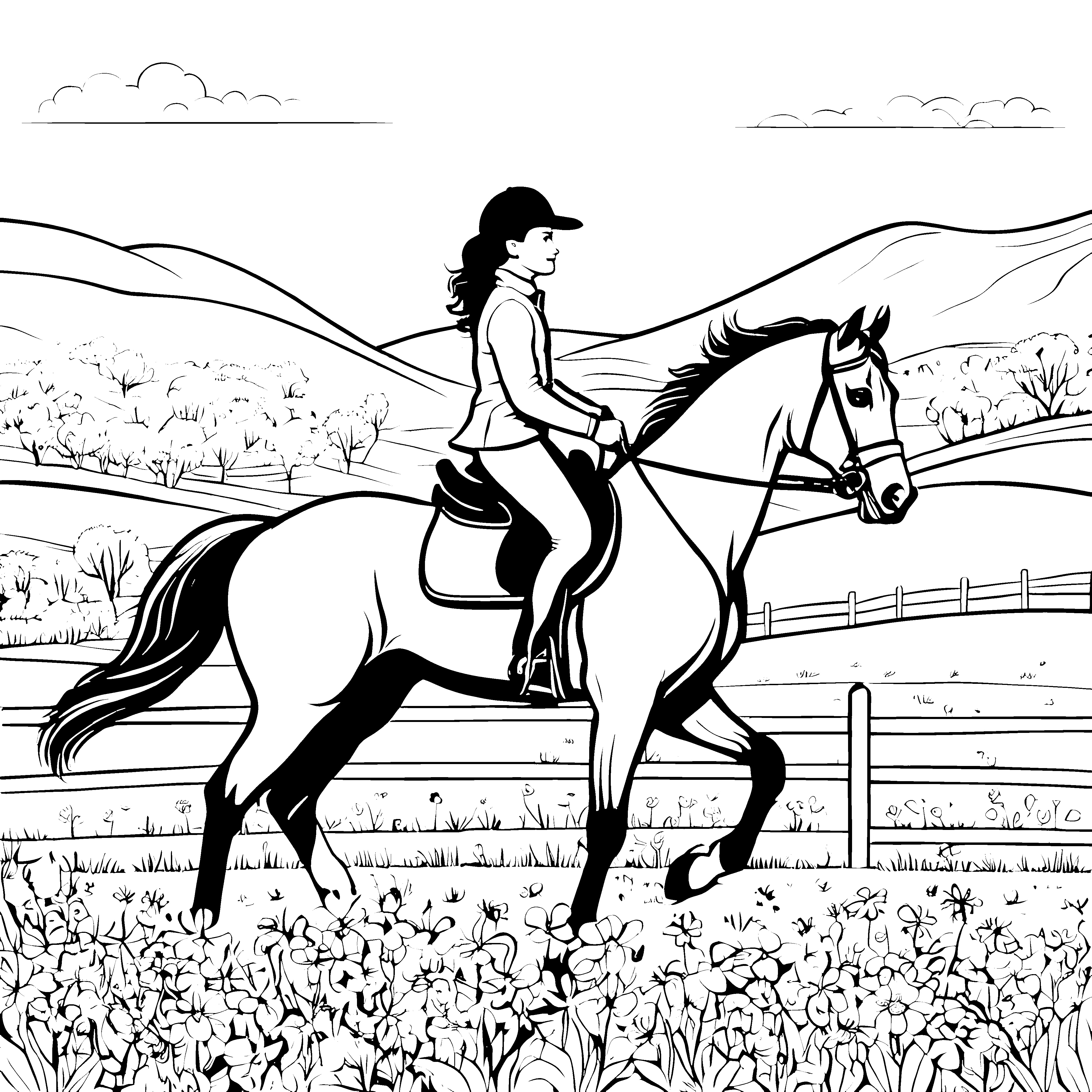 Galoppierende Reiterin auf dem Pferd durch die Blumenwiesen
