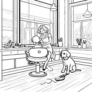 Fröhliches Frisieren im Salon mit freundlichem Hund Ausmalbild für kreative Hairstylisten