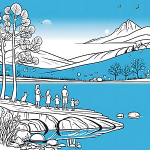 Verträumte Waschbären am glitzernden Fluss Ausmalvorlage für kleine Abenteuerlustige