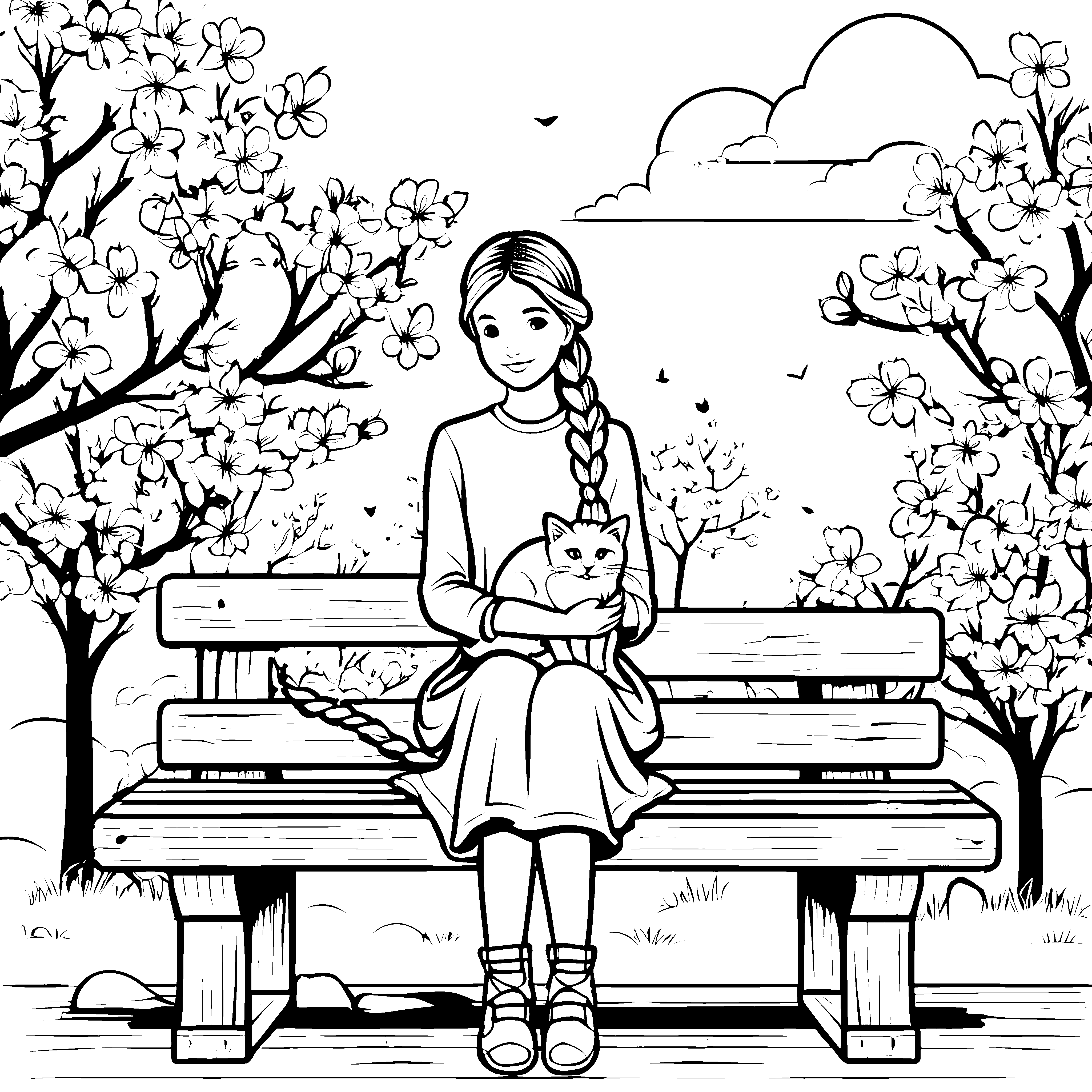 Frühlingsspaziergang mit Flechtfrisuren und Katze zum Ausmalen