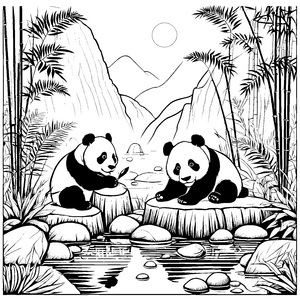 Pandabärenbabys im Bambuswald am Gewässer zum Ausmalen