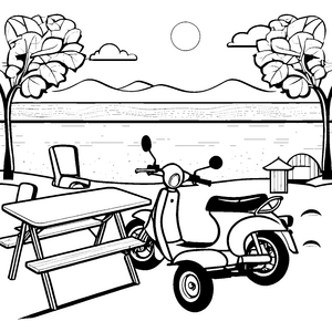 Moped im Park: Ein Ausmalspaß mit Picknicktisch und Sonne