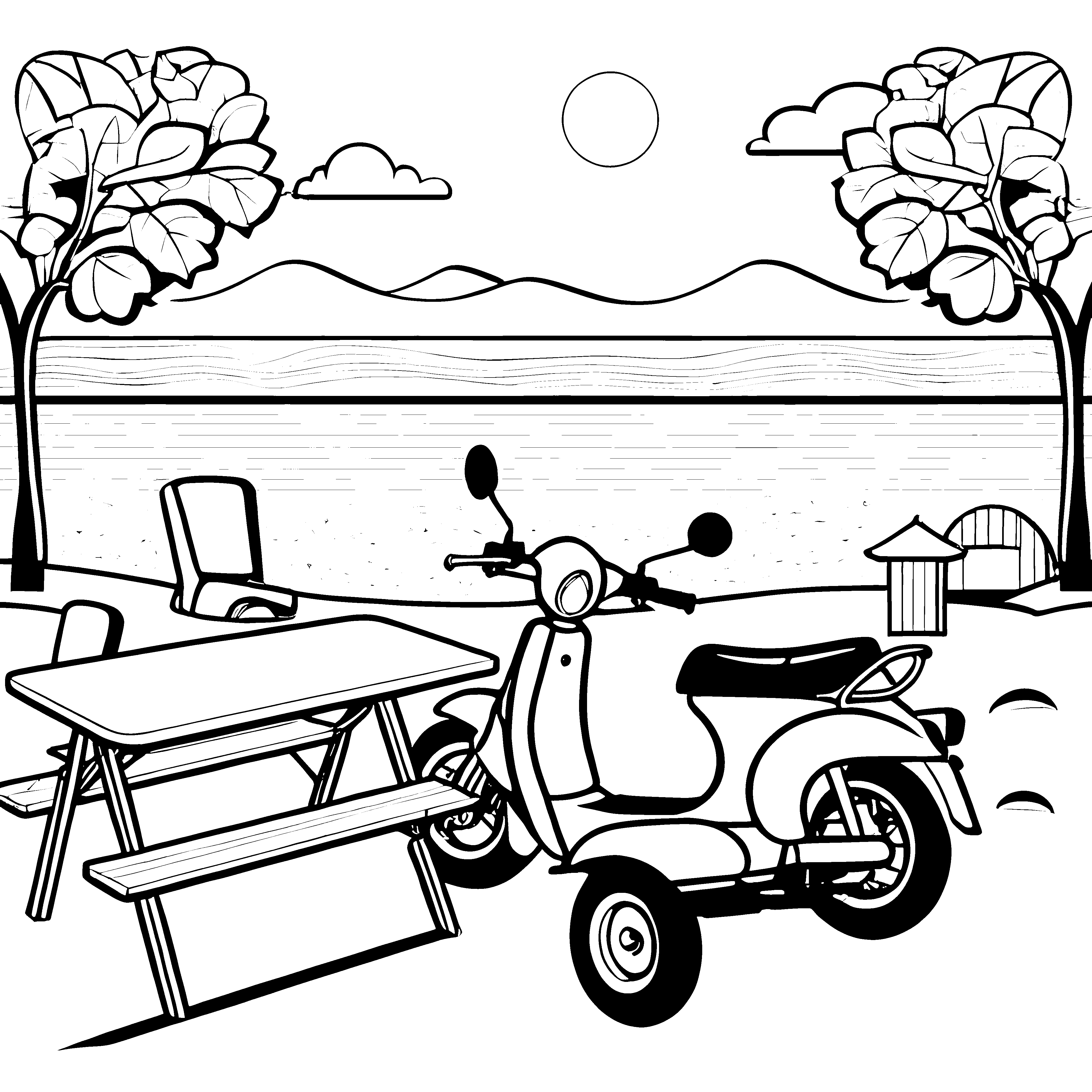 Moped im Park: Ein Ausmalspaß mit Picknicktisch und Sonne