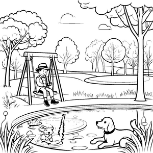 Der Hutträger im Park mit seinem Hund zum Ausmalen