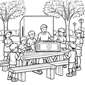 Kinder am Picknick mit dem großen Lautsprecher Malvorlage