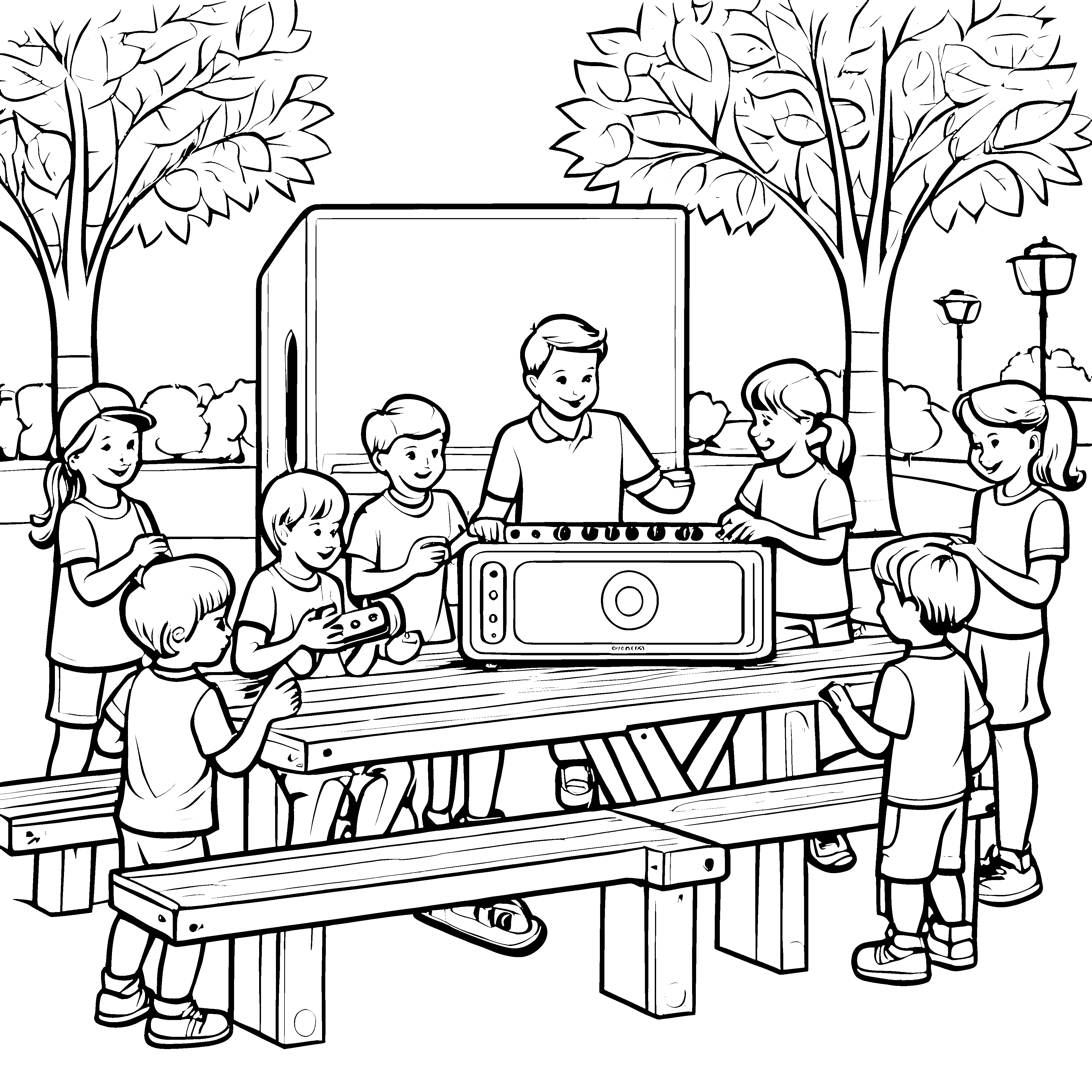 Kinder am Picknick mit dem großen Lautsprecher Malvorlage