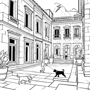 Bezaubernde Terrasse mit fröhlichen Hunden Malvorlage für neugierige Entdecker