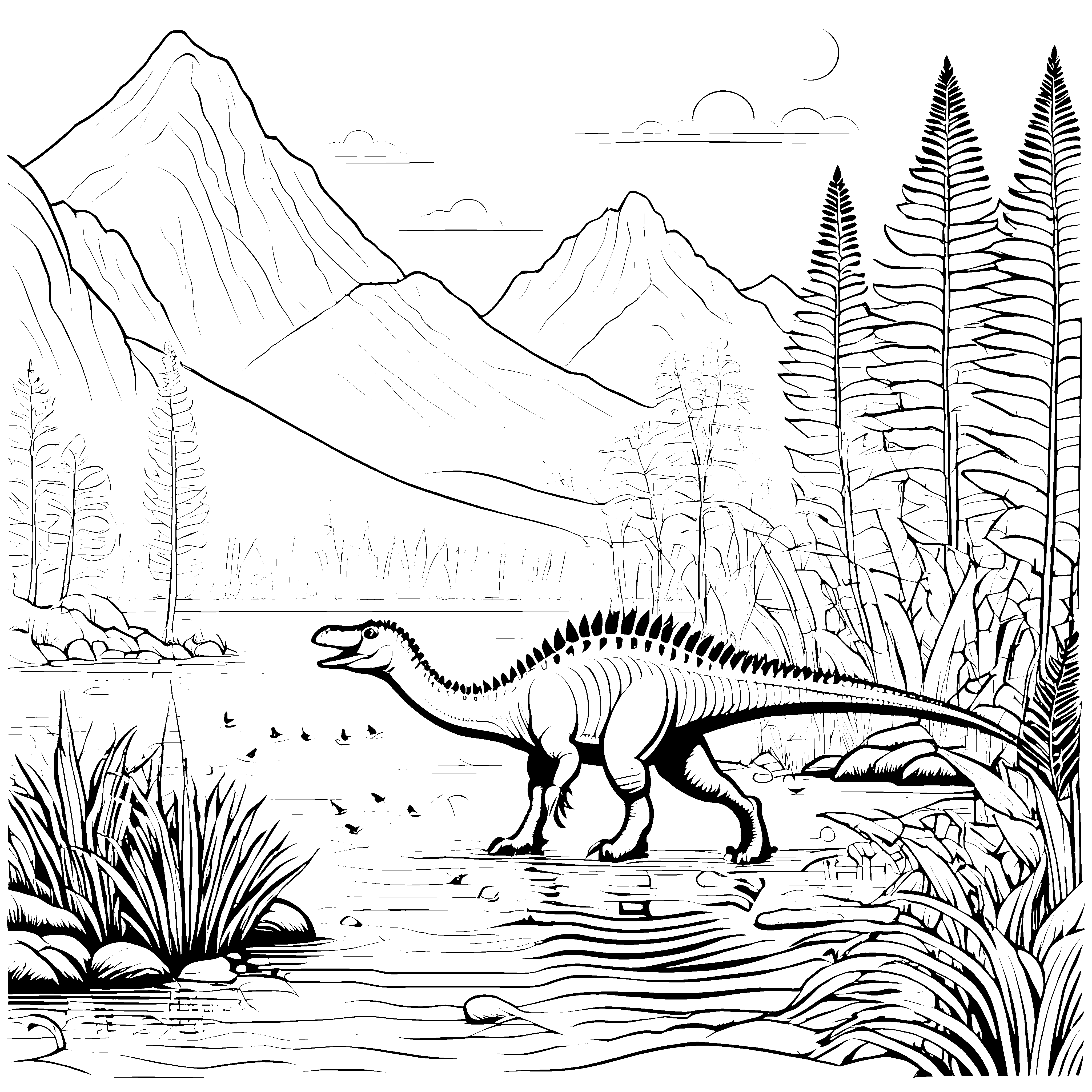 Abenteuerlicher Spinosaurus am geheimnisvollen Fluss Malvorlage für junge Dino-Fans