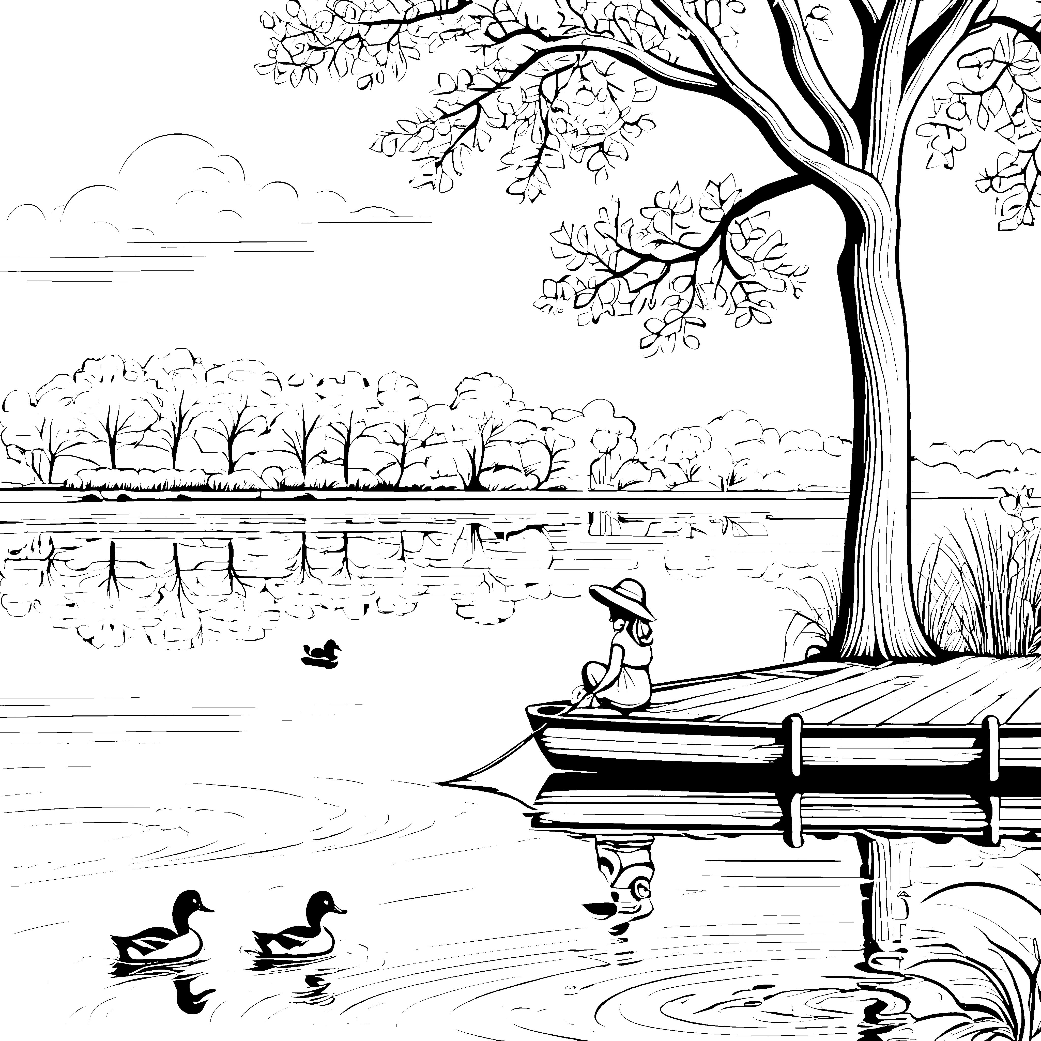 Enten am Holzsteg: Ein Ausmalspaß am Badesee