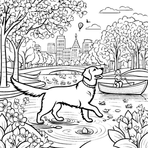 Verspielter Golden Retriever im blühenden Park Ausmalbild für fröhliche Entdecker