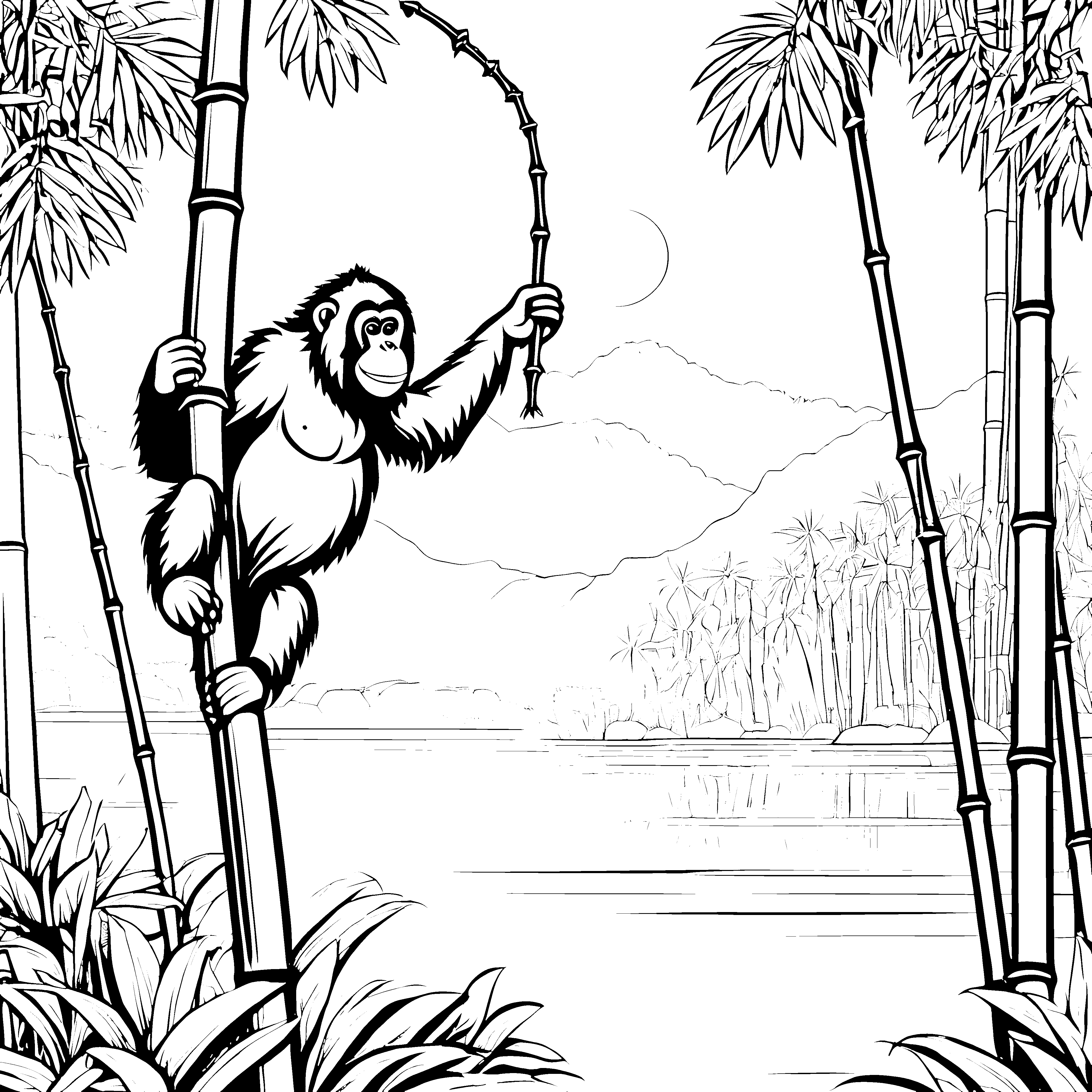 Der neugierige Orang-Utan im Bambuswald zum Ausmalen