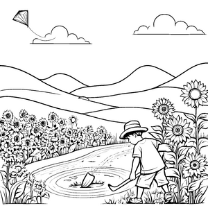 Kleiner Junge mit Schaufel unter Sonnenblumen auf der Wiese malend