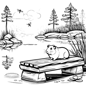Mein Meerschweinchen auf der Holzbank in der grünen Landschaft