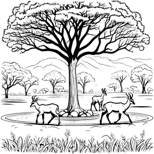 Kleine Antilopenjungtiere unter dem Baum in der Savanne zum Ausmalen