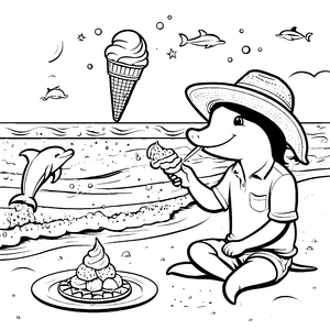 Eiscreme-Spaß am Strand mit Delfinen und Waffelcones zum Ausmalen
