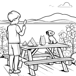 Zuckermelonenpicknick mit Hund im Garten zum Ausmalen