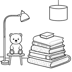 Mein gemütlicher Nachttisch mit Teddybär und Bücherstapel zum Ausmalen