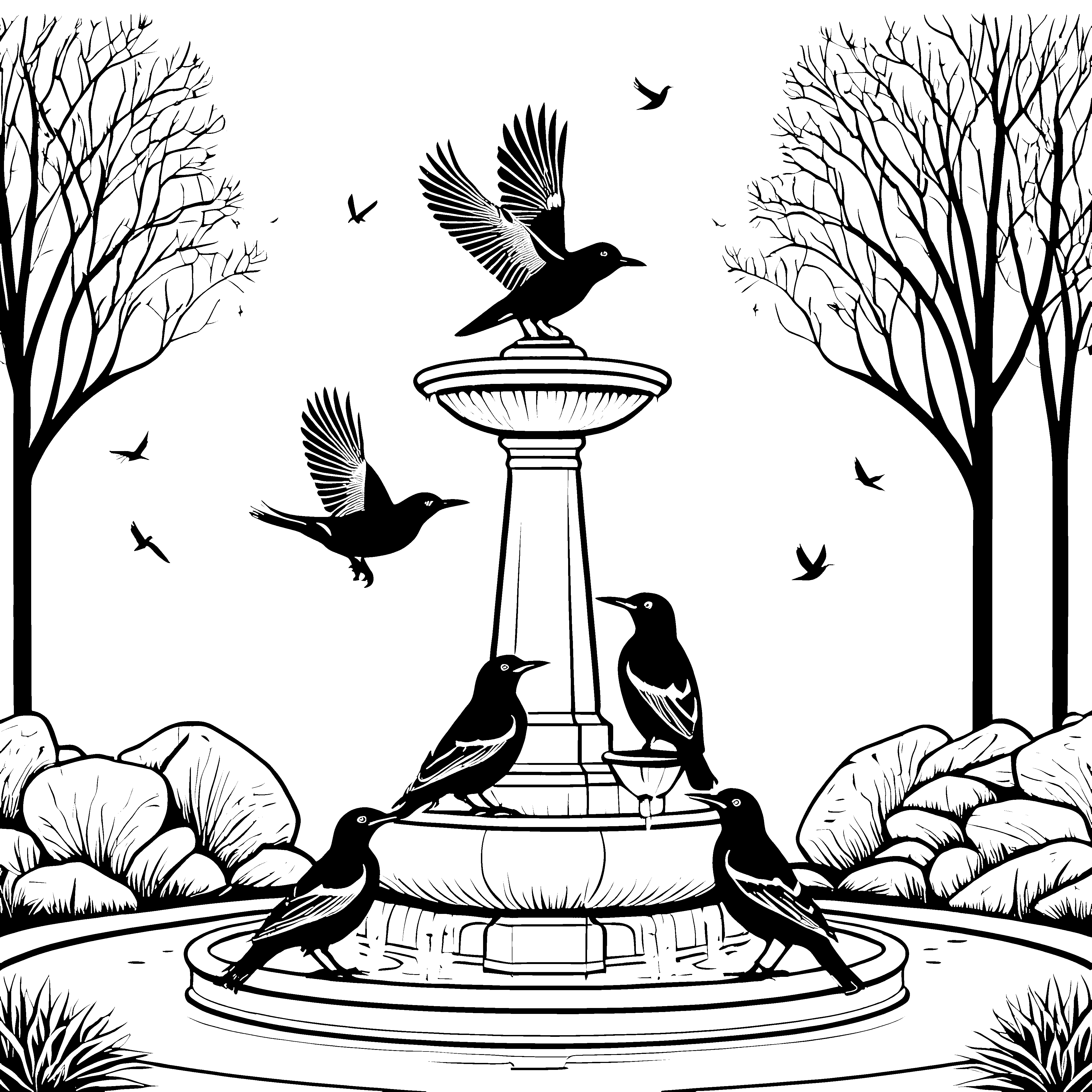 Elstern am Brunnen: Ein Ausmalspaß mit Vögeln im Winterwald