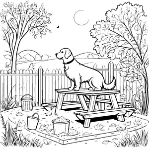 Verspielter Golden Retriever auf buntem Spielplatz Ausmalbild für fröhliche Tierfreunde
