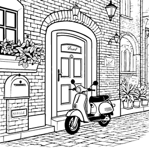 Das Moped vor dem historischen Tor zum Ausmalspaß