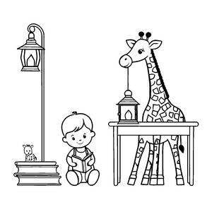 Giraffe und Laterne am Nachttisch für Kinder zum Ausmalen